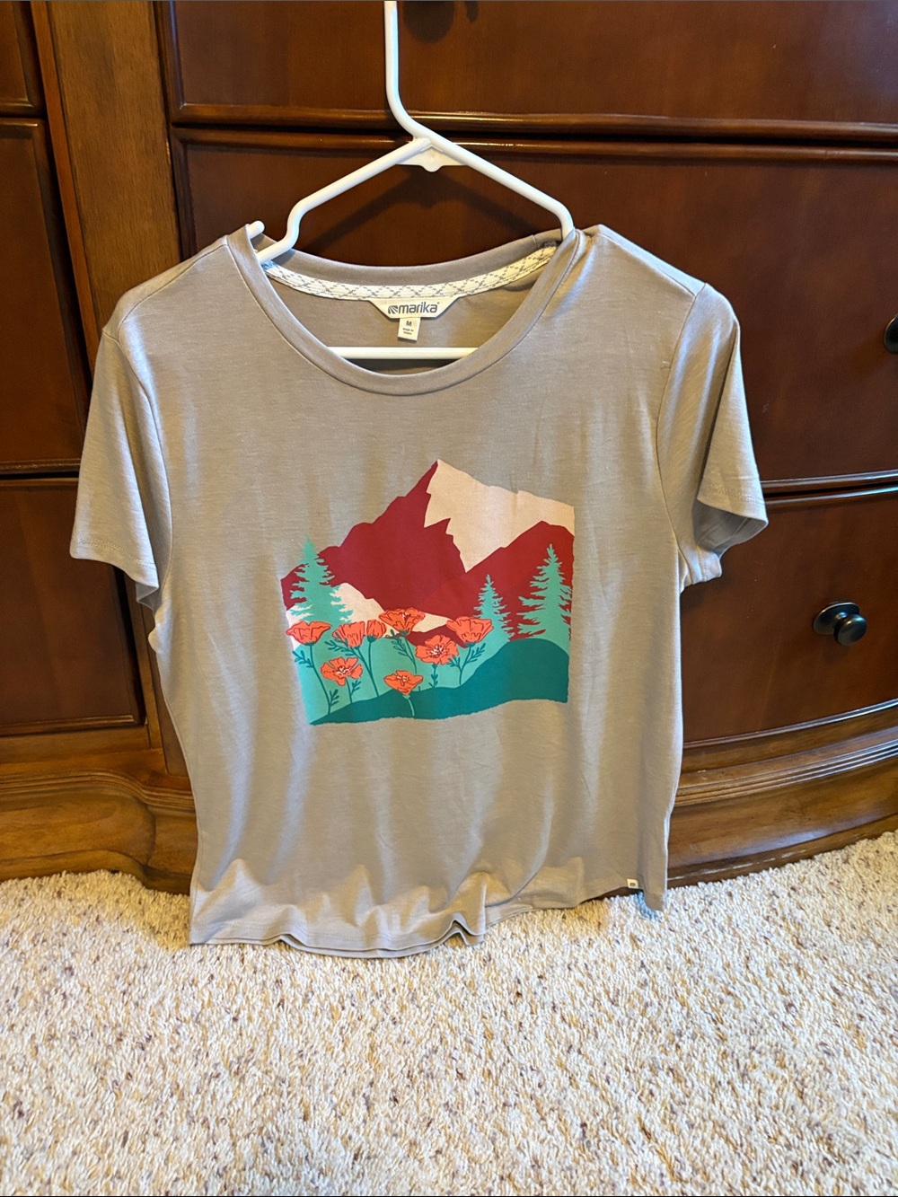 Marika Adventure  Short Sleeve Graphic Tee in Taupe with Floral Mountain Print